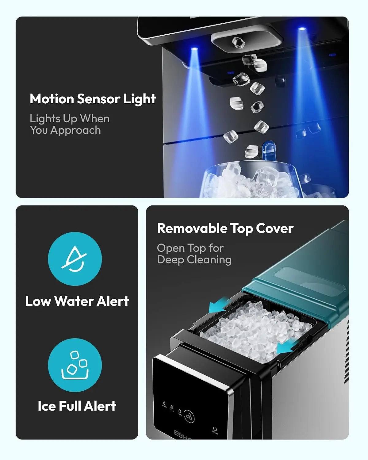 EUHOMY Countertop Nugget Ice Maker | 40Lbs/24H Pebble Sonic Ice Machine, Self-Cleaning Dispenser Ice Maker for Home Office Kitchen