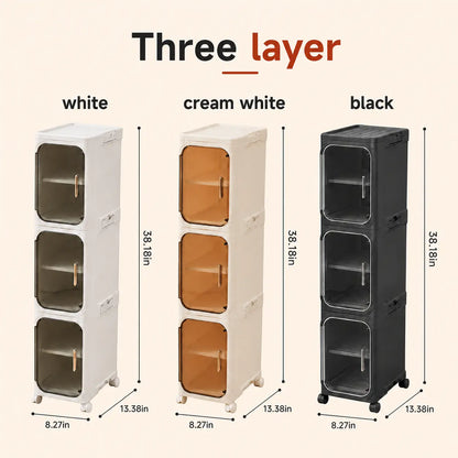 ONAIL Four-Layer Tall and Narrow Storage Cabinet, Made of Plastic, with a Slim Design, Doors and Adjustable Shelves, Wheels, Stackable and Foldable, Suitable for Small Spaces, Bathroom and Kitchen