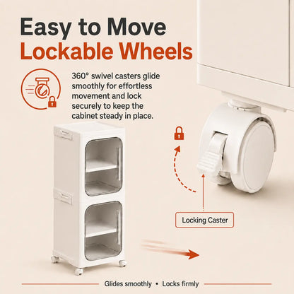 ONAIL Four-Layer Tall and Narrow Storage Cabinet, Made of Plastic, with a Slim Design, Doors and Adjustable Shelves, Wheels, Stackable and Foldable, Suitable for Small Spaces, Bathroom and Kitchen