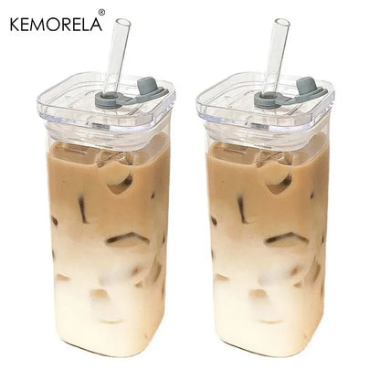 1/2Pc Square Heat Resistant Coffee Glass Cup with Lid and Straw Transparent Milk Tea Juice Cup Coffee Mug for Home Bar Drinkware