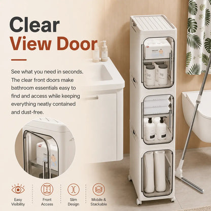 ONAIL Four-Layer Tall and Narrow Storage Cabinet, Made of Plastic, with a Slim Design, Doors and Adjustable Shelves, Wheels, Stackable and Foldable, Suitable for Small Spaces, Bathroom and Kitchen