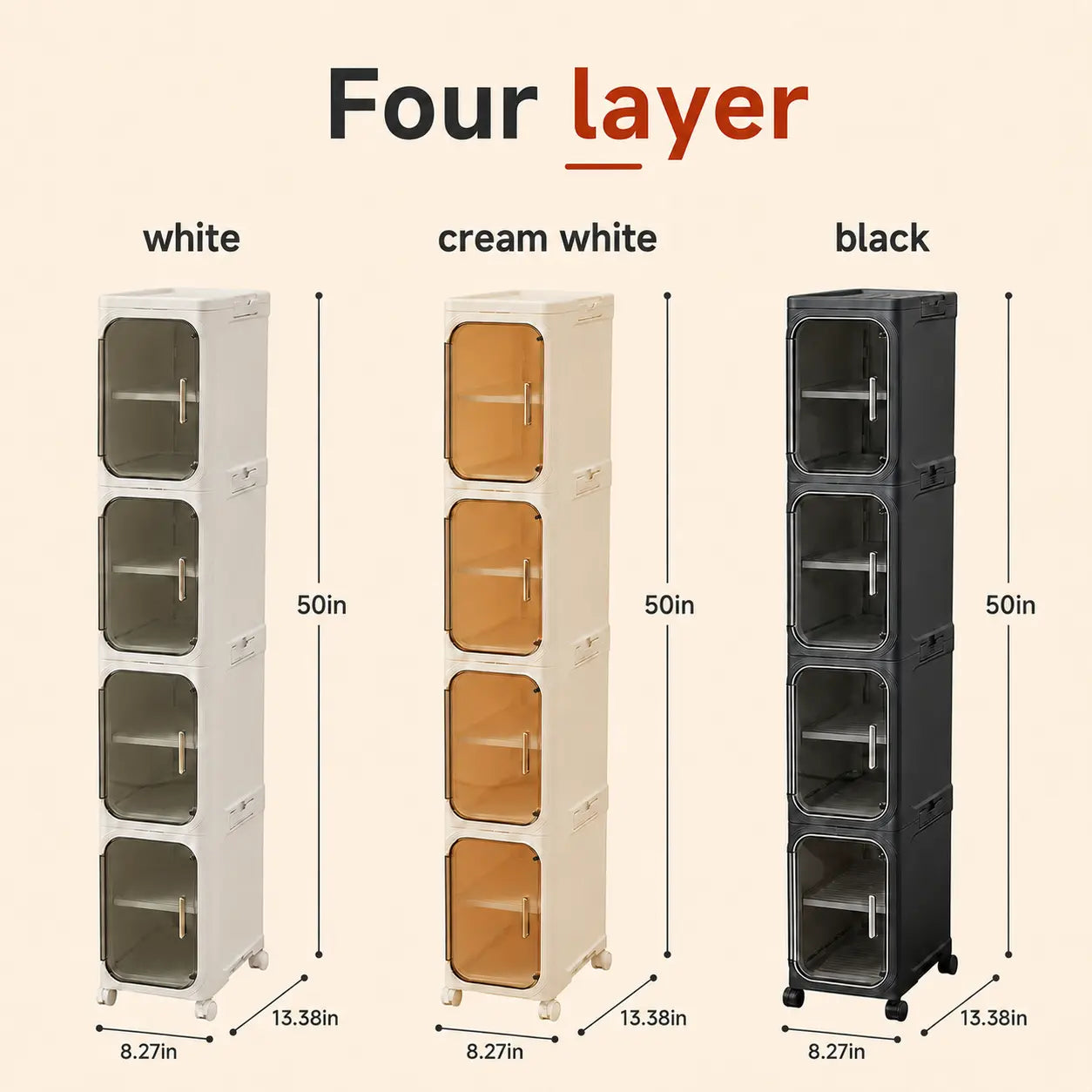 ONAIL Four-Layer Tall and Narrow Storage Cabinet, Made of Plastic, with a Slim Design, Doors and Adjustable Shelves, Wheels, Stackable and Foldable, Suitable for Small Spaces, Bathroom and Kitchen