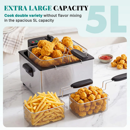 3/5L Professional Deep Fryer with 3 Baskets, 3/5L Large Capacity Electric Fryer for Home Use, 1800W Fast Heating 304 Stainless Steel Oil Fryer with Lid and View Window, Adjustable Temperature Control 265°F-375°F for French Fries, Chicken, Shrimp