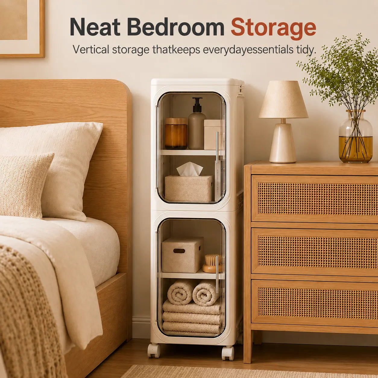 ONAIL Four-Layer Tall and Narrow Storage Cabinet, Made of Plastic, with a Slim Design, Doors and Adjustable Shelves, Wheels, Stackable and Foldable, Suitable for Small Spaces, Bathroom and Kitchen