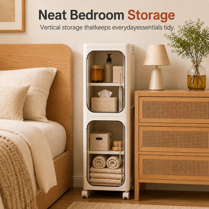 ONAIL Four-Layer Tall and Narrow Storage Cabinet, Made of Plastic, with a Slim Design, Doors and Adjustable Shelves, Wheels, Stackable and Foldable, Suitable for Small Spaces, Bathroom and Kitchen