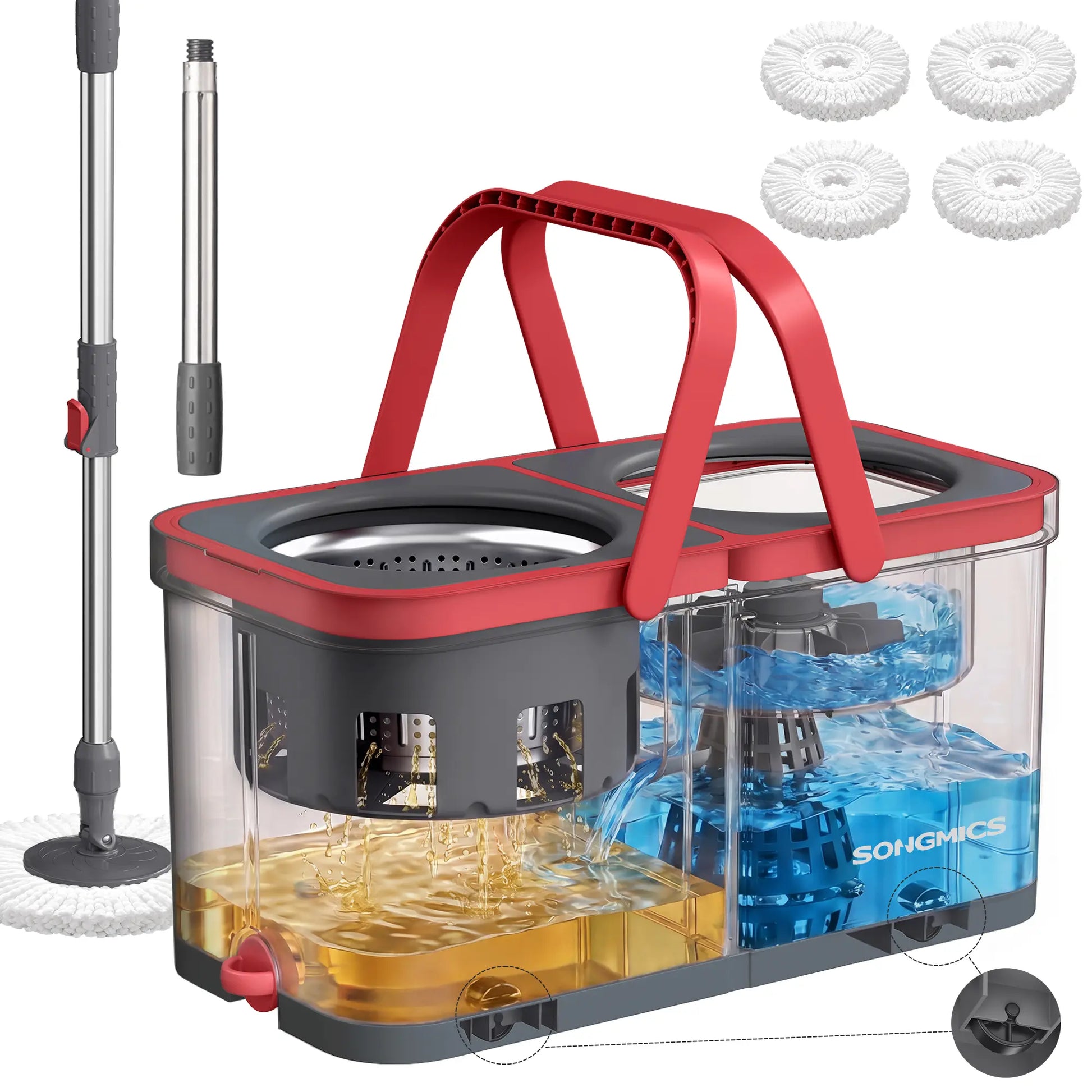 SONGMICS Functional Spin Mop and Bucket Set, Cleaning Supplies with Washable Microfiber Mop Heads, Multiple Pads, Wheels, Separate Water Compartments, Stainless Steel Wringer, 18.7X10X9.5 In