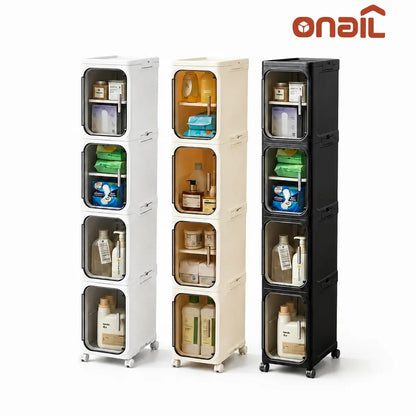 ONAIL Four-Layer Tall and Narrow Storage Cabinet, Made of Plastic, with a Slim Design, Doors and Adjustable Shelves, Wheels, Stackable and Foldable, Suitable for Small Spaces, Bathroom and Kitchen