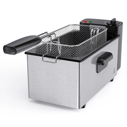 3/5L Professional Deep Fryer with 3 Baskets, 3/5L Large Capacity Electric Fryer for Home Use, 1800W Fast Heating 304 Stainless Steel Oil Fryer with Lid and View Window, Adjustable Temperature Control 265°F-375°F for French Fries, Chicken, Shrimp
