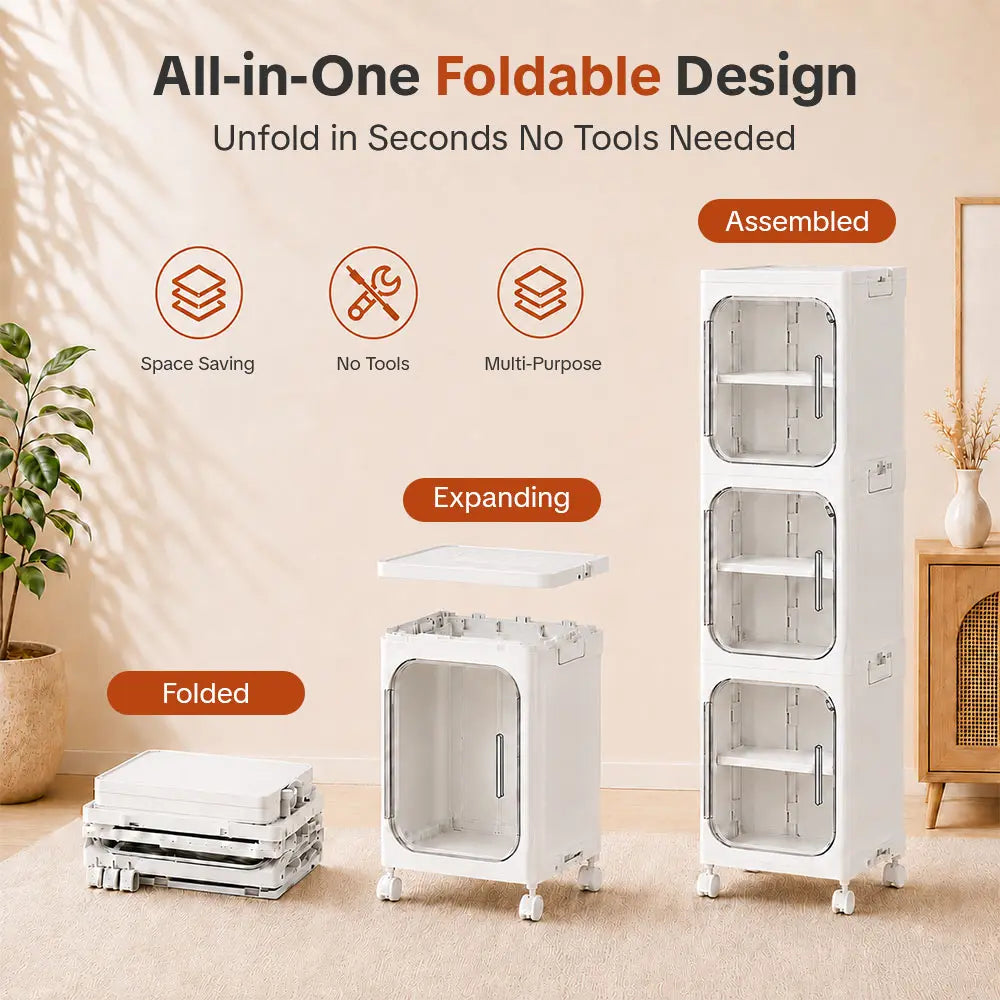 ONAIL Four-Layer Tall and Narrow Storage Cabinet, Made of Plastic, with a Slim Design, Doors and Adjustable Shelves, Wheels, Stackable and Foldable, Suitable for Small Spaces, Bathroom and Kitchen