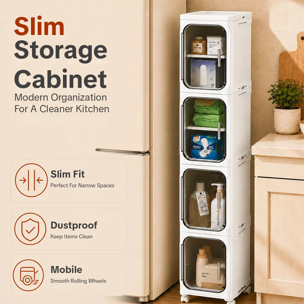 ONAIL Four-Layer Tall and Narrow Storage Cabinet, Made of Plastic, with a Slim Design, Doors and Adjustable Shelves, Wheels, Stackable and Foldable, Suitable for Small Spaces, Bathroom and Kitchen