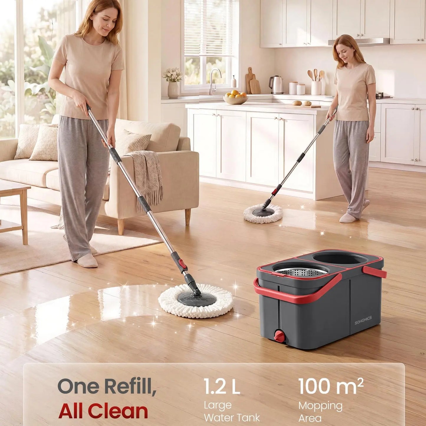 SONGMICS Functional Spin Mop and Bucket Set, Cleaning Supplies with Washable Microfiber Mop Heads, Multiple Pads, Wheels, Separate Water Compartments, Stainless Steel Wringer, 18.7X10X9.5 In
