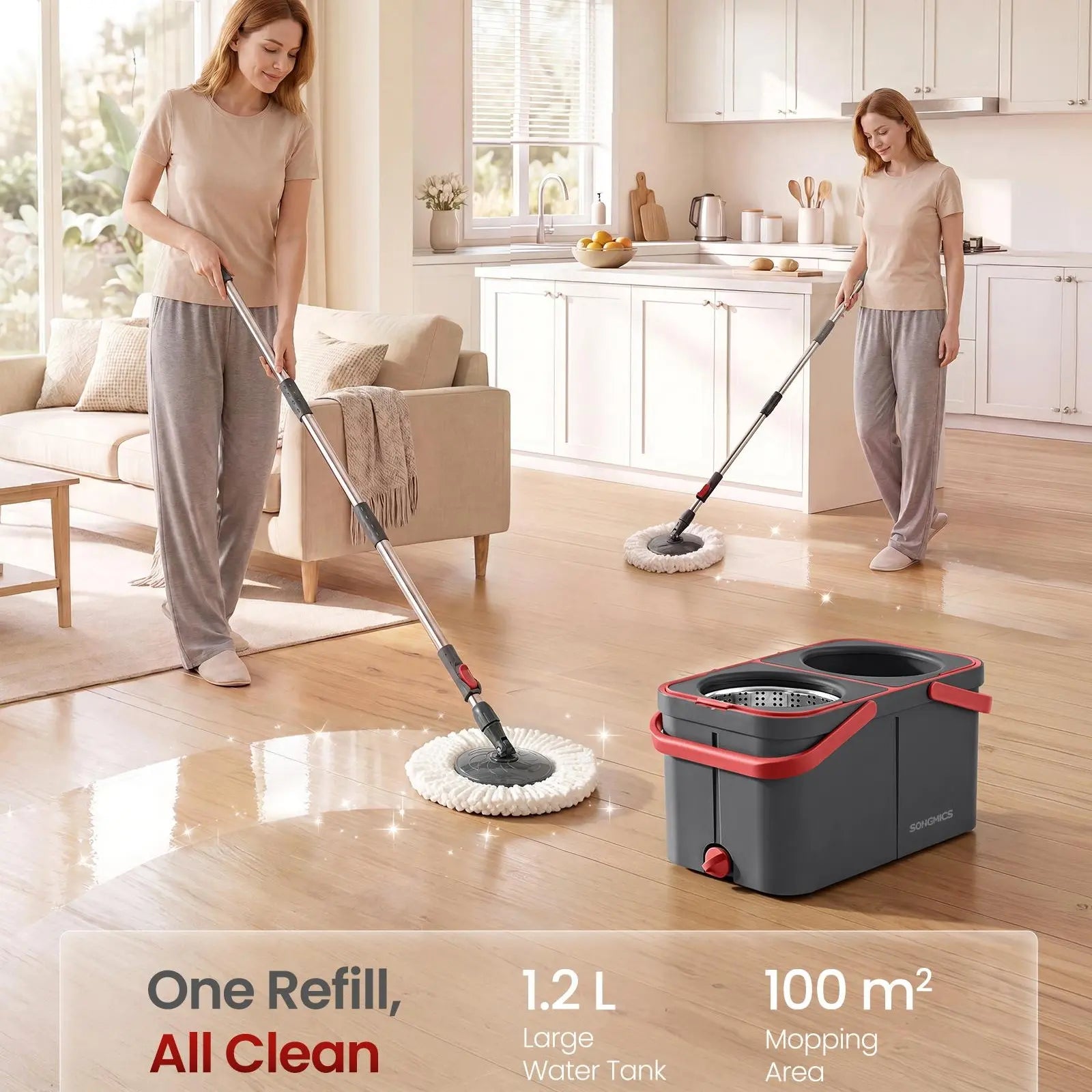 SONGMICS Functional Spin Mop and Bucket Set, Cleaning Supplies with Washable Microfiber Mop Heads, Multiple Pads, Wheels, Separate Water Compartments, Stainless Steel Wringer, 18.7X10X9.5 In