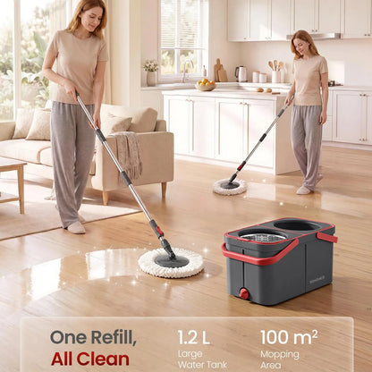 SONGMICS Functional Spin Mop and Bucket Set, Cleaning Supplies with Washable Microfiber Mop Heads, Multiple Pads, Wheels, Separate Water Compartments, Stainless Steel Wringer, 18.7X10X9.5 In