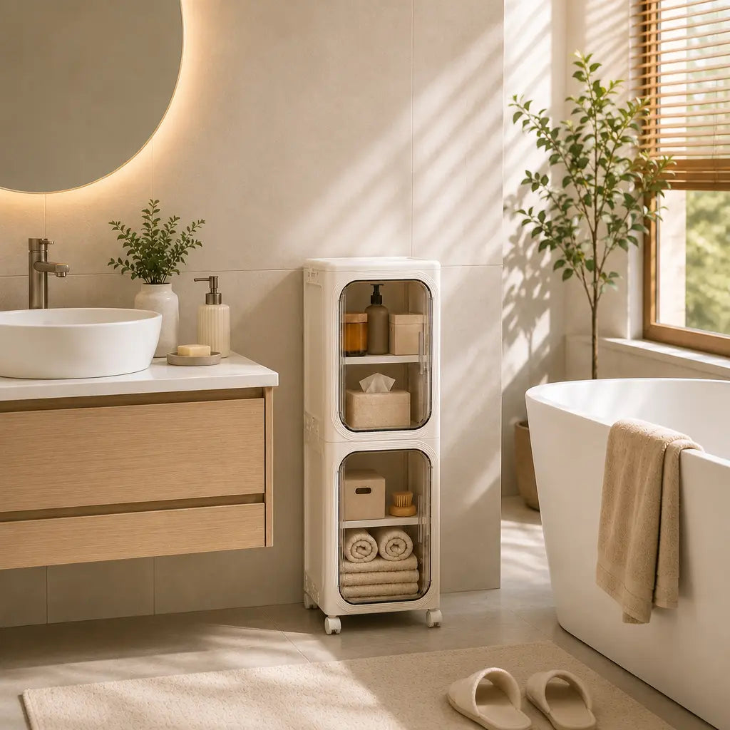 ONAIL Four-Layer Tall and Narrow Storage Cabinet, Made of Plastic, with a Slim Design, Doors and Adjustable Shelves, Wheels, Stackable and Foldable, Suitable for Small Spaces, Bathroom and Kitchen