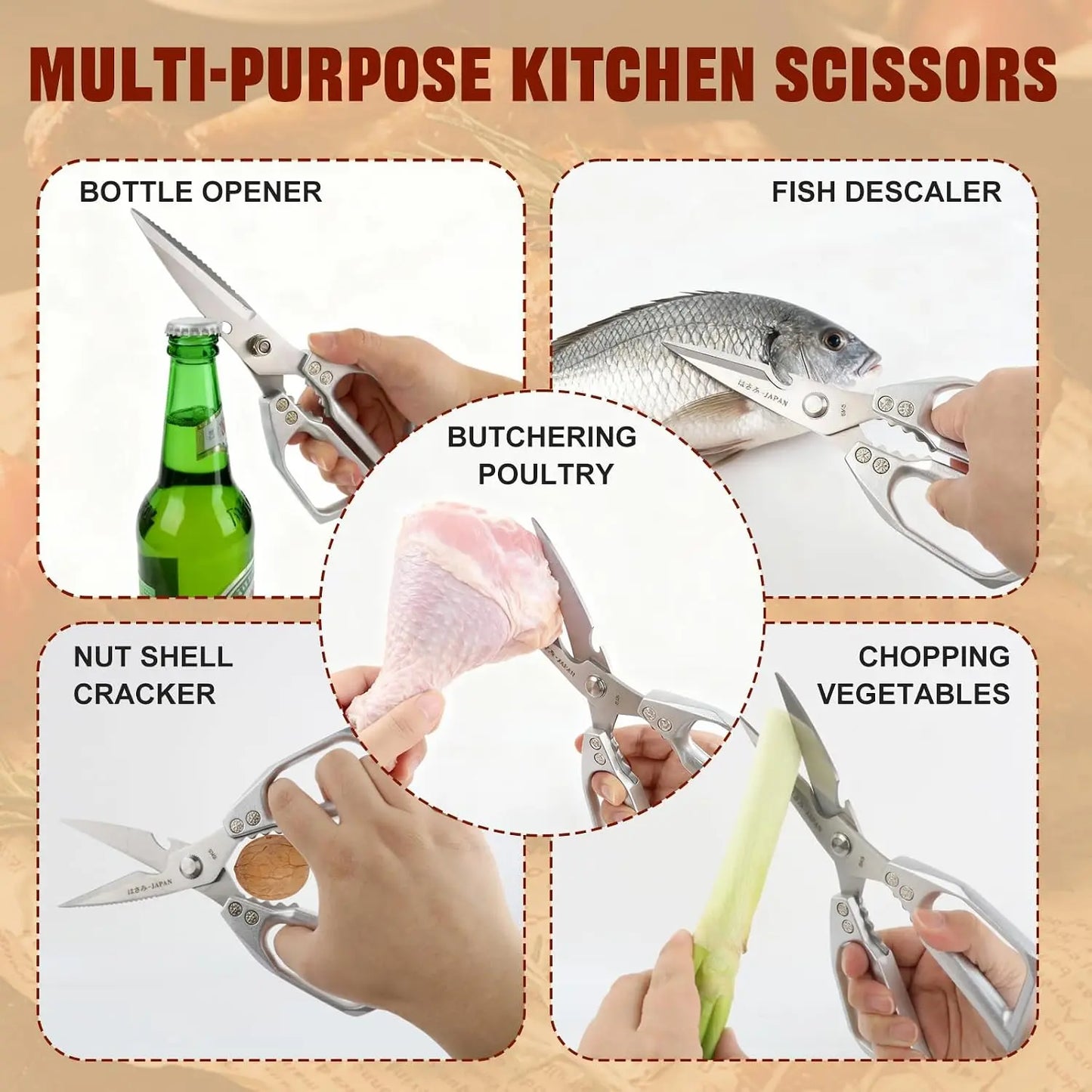 Heavy Duty Kitchen Scissors – Sharp Stainless Steel Cooking Shears for Meat, Chicken, Fish, Poultry, Herbs and Bread, Dishwasher Safe, Silver