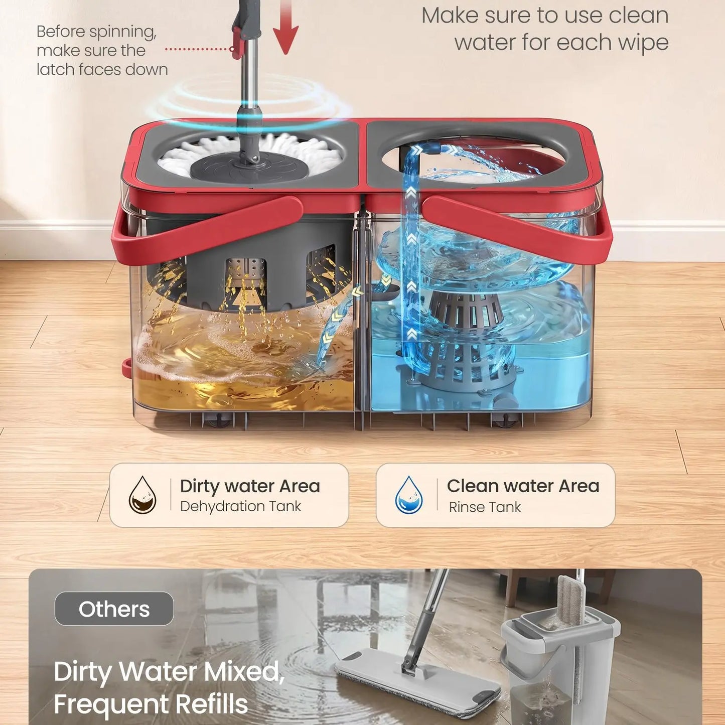 SONGMICS Functional Spin Mop and Bucket Set, Cleaning Supplies with Washable Microfiber Mop Heads, Multiple Pads, Wheels, Separate Water Compartments, Stainless Steel Wringer, 18.7X10X9.5 In