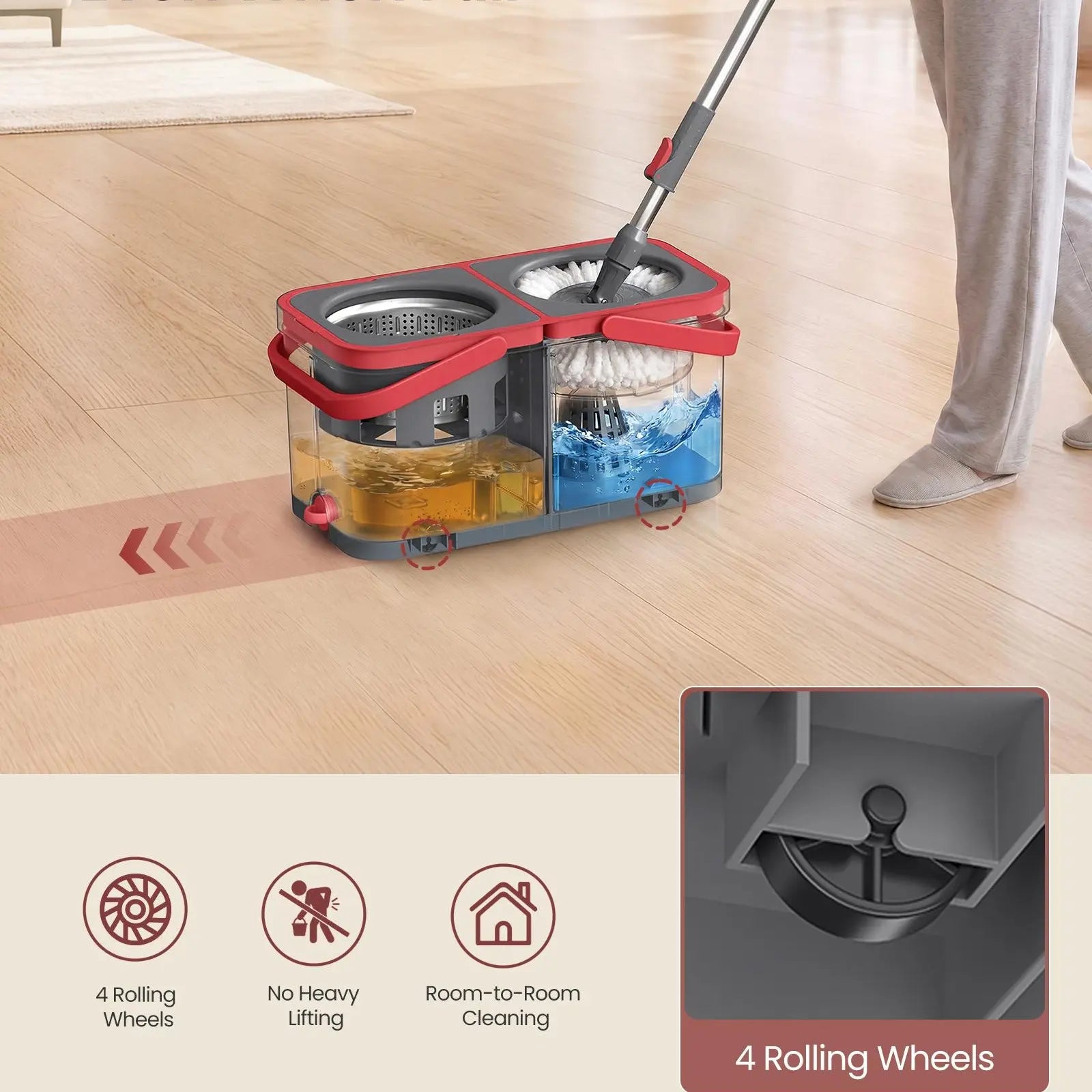 SONGMICS Functional Spin Mop and Bucket Set, Cleaning Supplies with Washable Microfiber Mop Heads, Multiple Pads, Wheels, Separate Water Compartments, Stainless Steel Wringer, 18.7X10X9.5 In