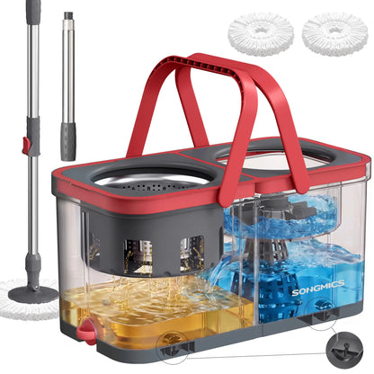 SONGMICS Functional Spin Mop and Bucket Set, Cleaning Supplies with Washable Microfiber Mop Heads, Multiple Pads, Wheels, Separate Water Compartments, Stainless Steel Wringer, 18.7X10X9.5 In