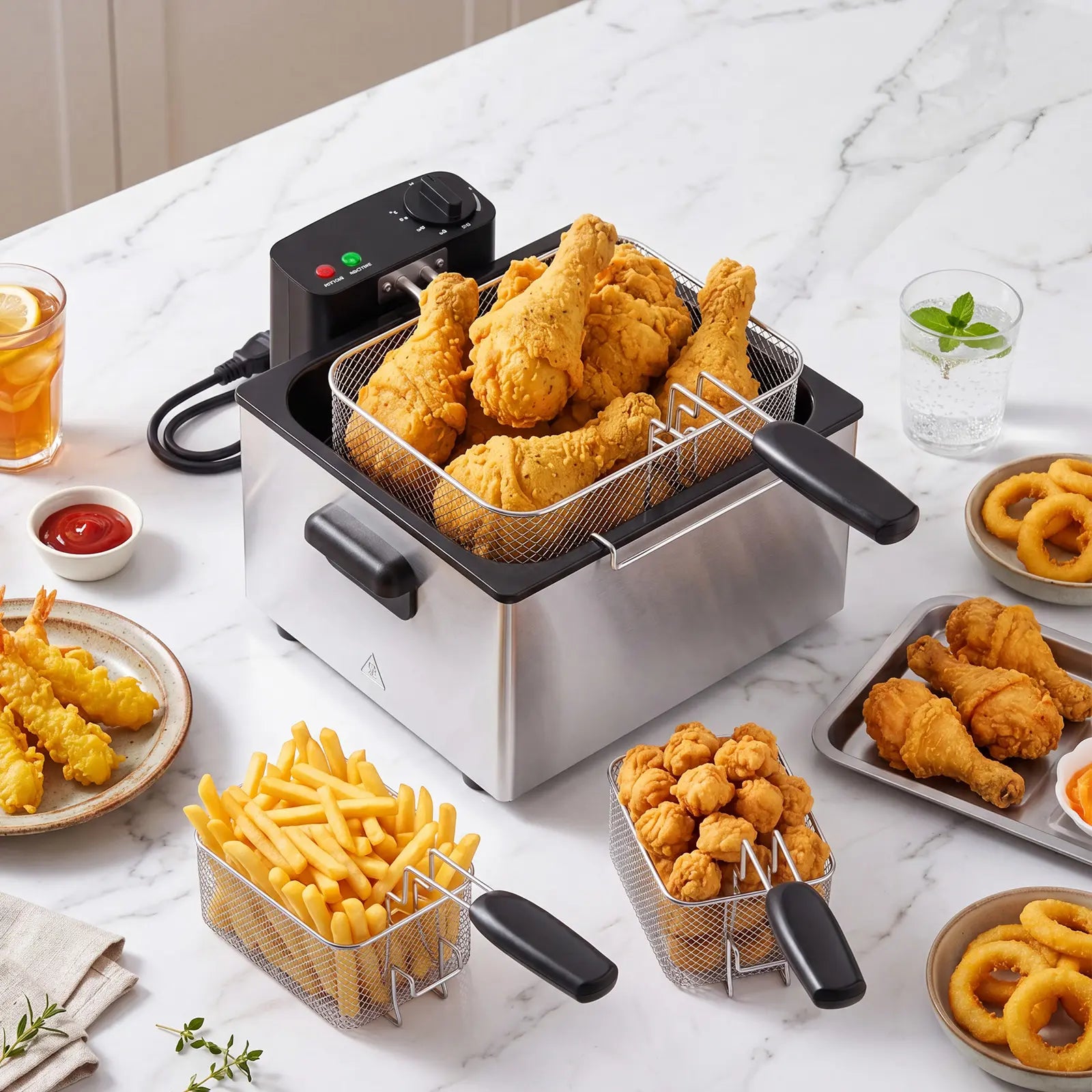3/5L Professional Deep Fryer with 3 Baskets, 3/5L Large Capacity Electric Fryer for Home Use, 1800W Fast Heating 304 Stainless Steel Oil Fryer with Lid and View Window, Adjustable Temperature Control 265°F-375°F for French Fries, Chicken, Shrimp