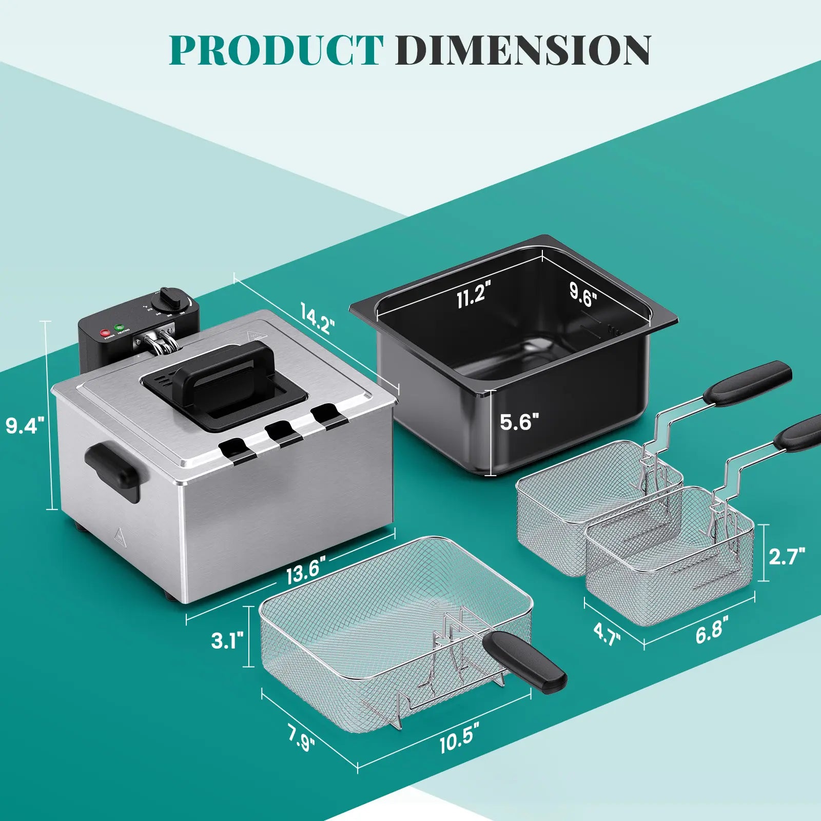 3/5L Professional Deep Fryer with 3 Baskets, 3/5L Large Capacity Electric Fryer for Home Use, 1800W Fast Heating 304 Stainless Steel Oil Fryer with Lid and View Window, Adjustable Temperature Control 265°F-375°F for French Fries, Chicken, Shrimp