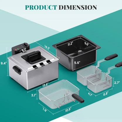 3/5L Professional Deep Fryer with 3 Baskets, 3/5L Large Capacity Electric Fryer for Home Use, 1800W Fast Heating 304 Stainless Steel Oil Fryer with Lid and View Window, Adjustable Temperature Control 265°F-375°F for French Fries, Chicken, Shrimp