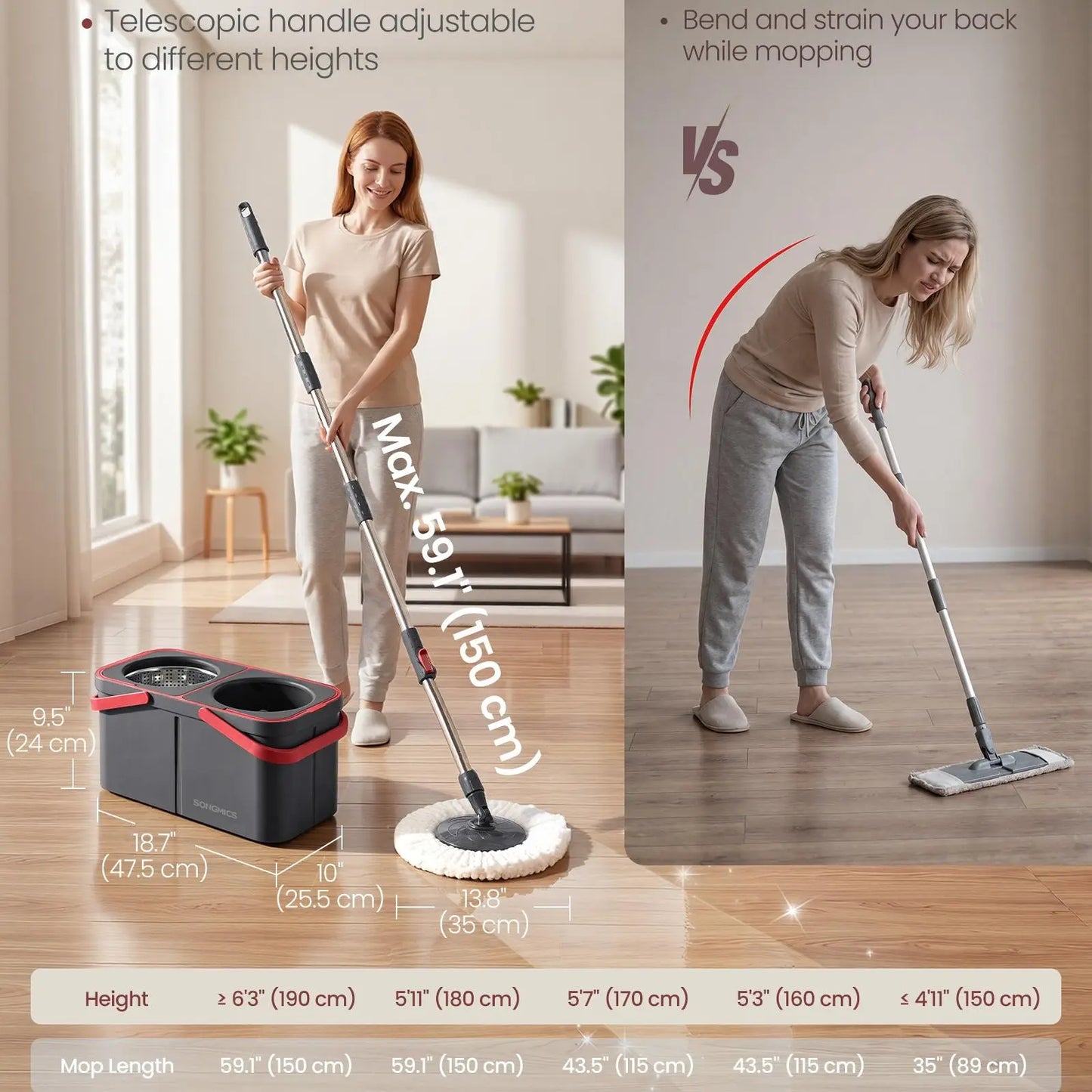 SONGMICS Functional Spin Mop and Bucket Set, Cleaning Supplies with Washable Microfiber Mop Heads, Multiple Pads, Wheels, Separate Water Compartments, Stainless Steel Wringer, 18.7X10X9.5 In