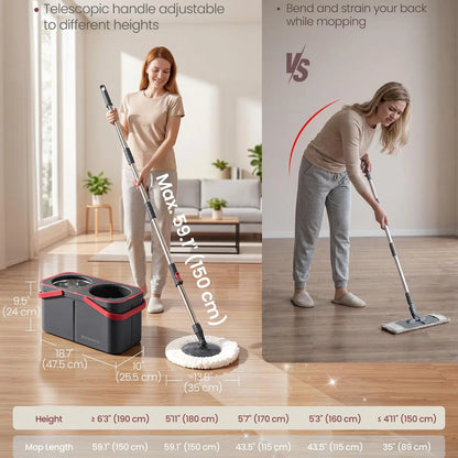 SONGMICS Functional Spin Mop and Bucket Set, Cleaning Supplies with Washable Microfiber Mop Heads, Multiple Pads, Wheels, Separate Water Compartments, Stainless Steel Wringer, 18.7X10X9.5 In