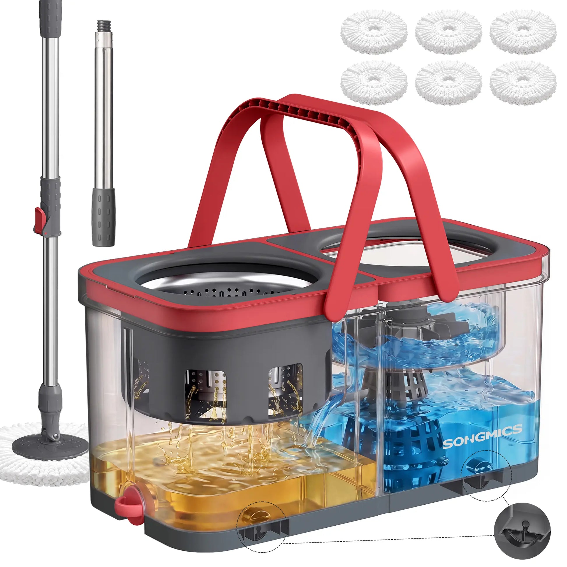 SONGMICS Functional Spin Mop and Bucket Set, Cleaning Supplies with Washable Microfiber Mop Heads, Multiple Pads, Wheels, Separate Water Compartments, Stainless Steel Wringer, 18.7X10X9.5 In