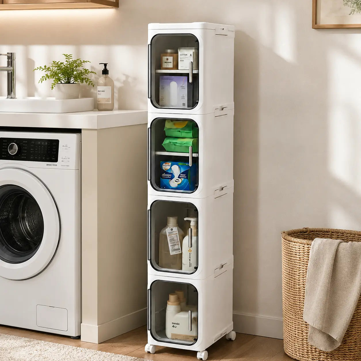 ONAIL Four-Layer Tall and Narrow Storage Cabinet, Made of Plastic, with a Slim Design, Doors and Adjustable Shelves, Wheels, Stackable and Foldable, Suitable for Small Spaces, Bathroom and Kitchen