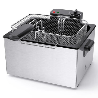 3/5L Professional Deep Fryer with 3 Baskets, 3/5L Large Capacity Electric Fryer for Home Use, 1800W Fast Heating 304 Stainless Steel Oil Fryer with Lid and View Window, Adjustable Temperature Control 265°F-375°F for French Fries, Chicken, Shrimp